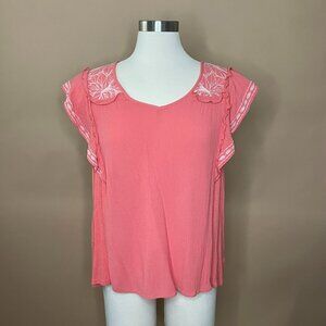 Knox Rose Coral Boho Peasant Embroidered Flutter Sleeve Top Womens L